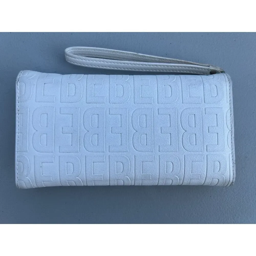 Bebe Embossed Logo White Leather Wallet Wristlet Strap Y2K Clutch